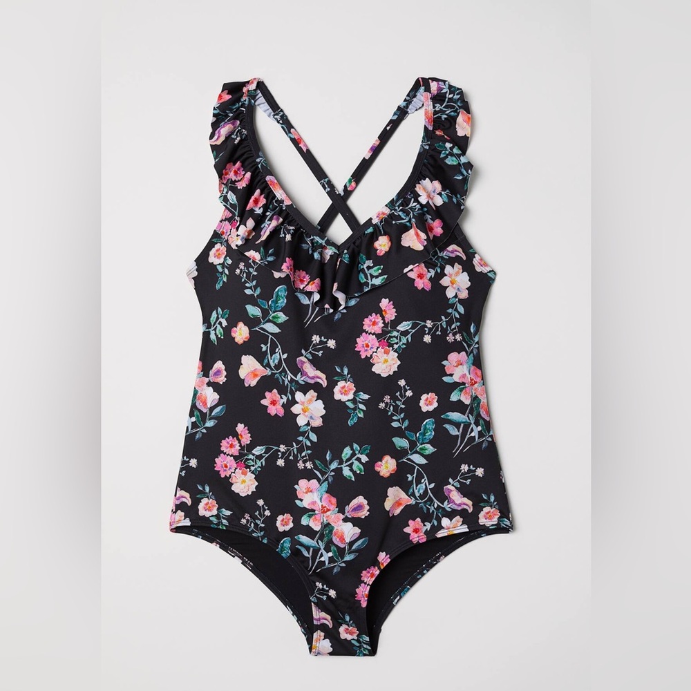 H&M+ FRILL-TRIMMED SWIMSUIT size 18 new with tag Floral Black One-Piece Swimsuit